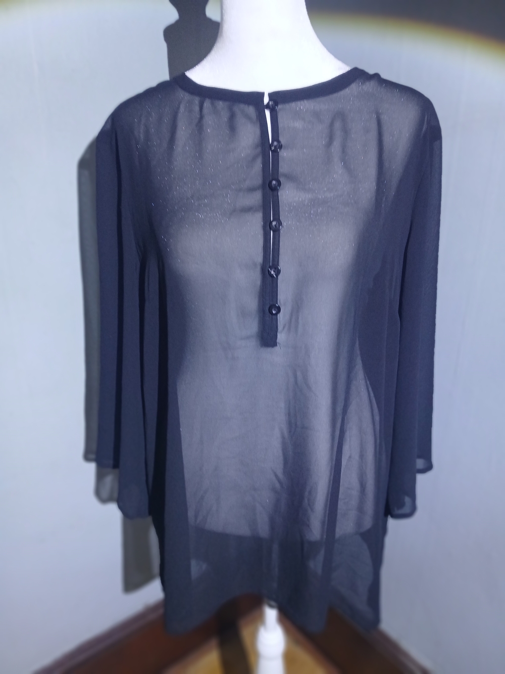 Apostrophe Black Sheer Blouse | Button Detail | Elegant Everyday Top | XL